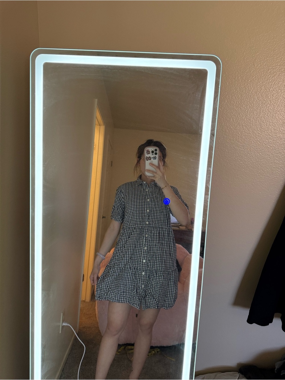 Short Gingham Button-Front Shirt Dress in Black and White